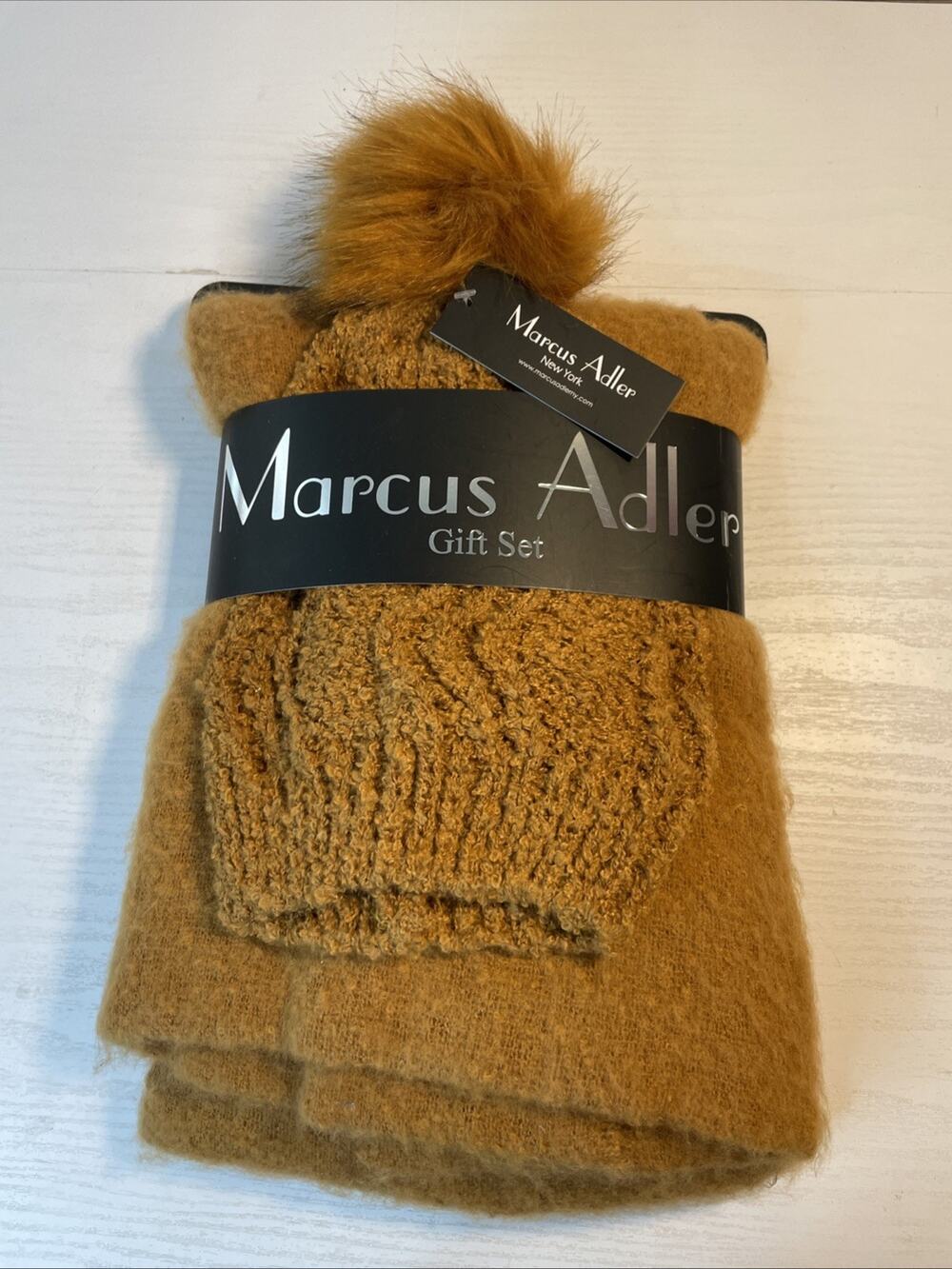 Marcus Adler knit fringed scarf and pompom hat gift set for her